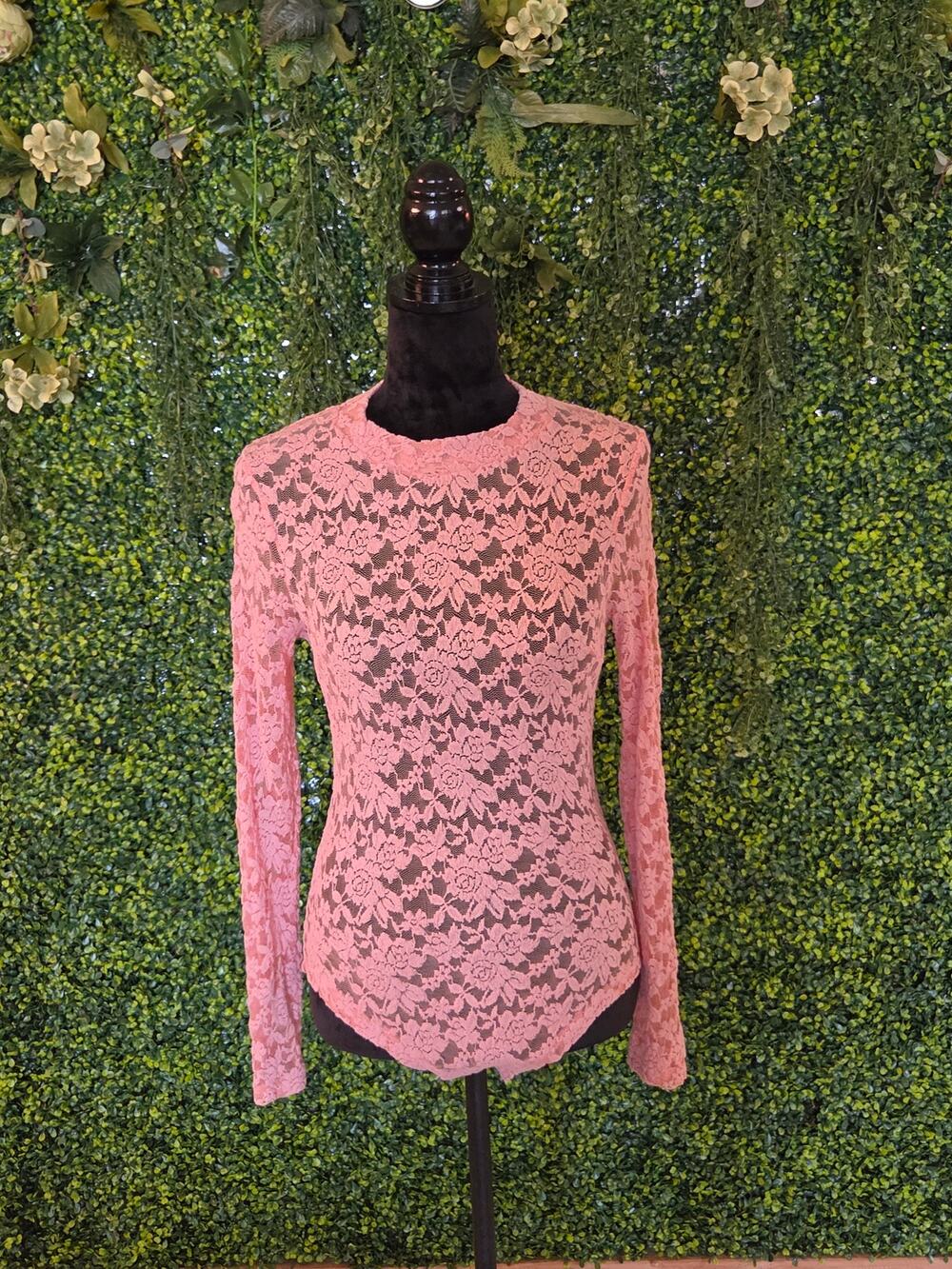 Pink floral lace long-sleeve bodysuit